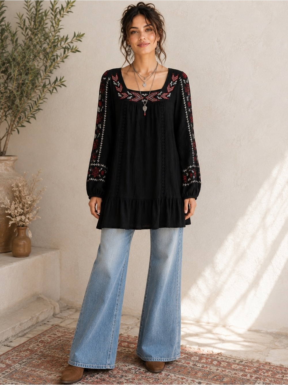 Xhilaration Black Embroidered Boho Peasant Tunic Top Women’s Small S